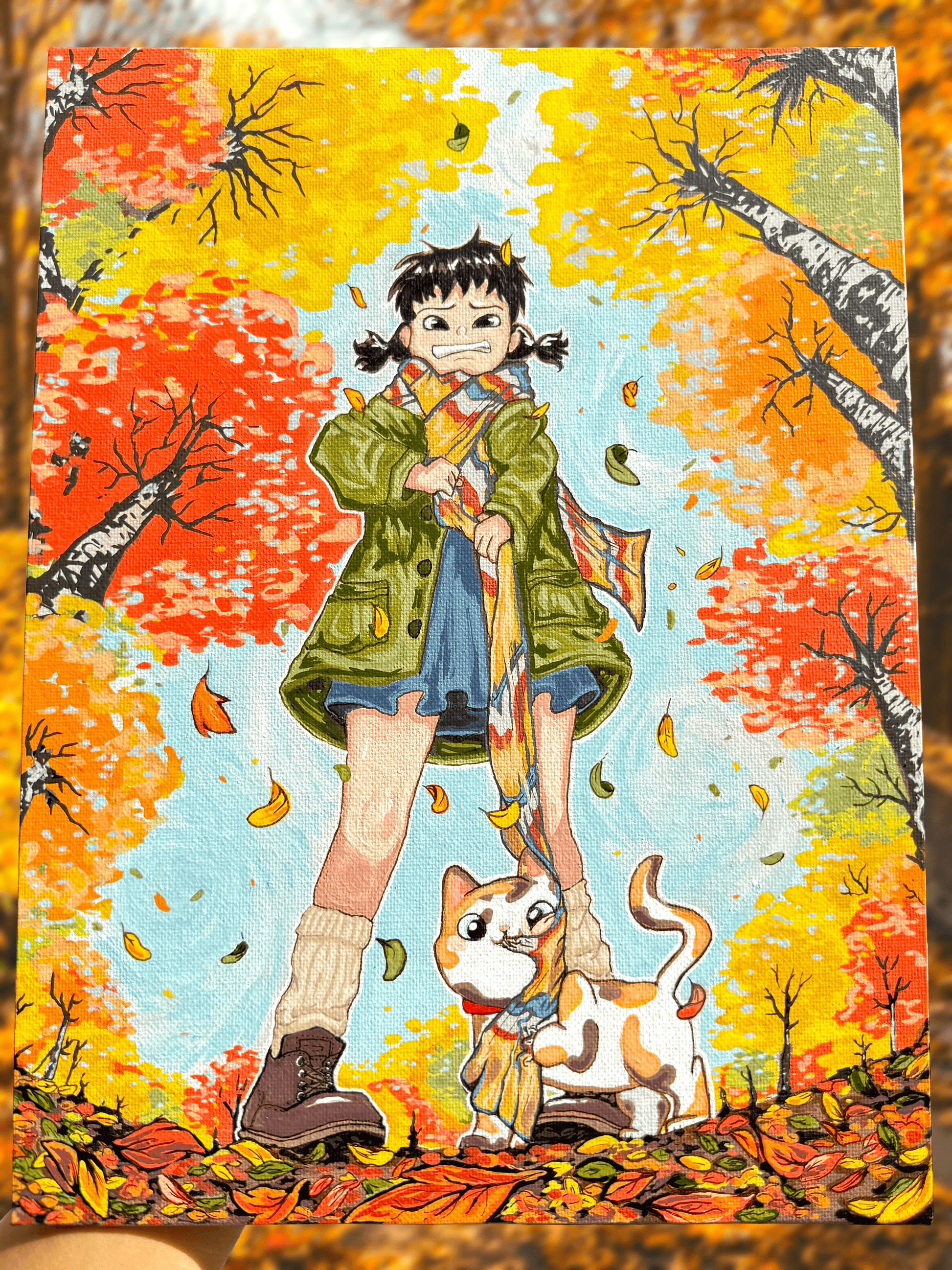 Illustration of a girl with a cat in an autumn setting